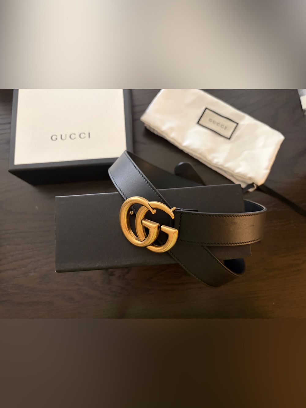 Gucci Black Leather Belt with Gold Double G Signature Buckle